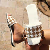 Plaid Open Toe Flat Sandals Ivory OutfitFlow