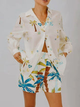 Printed Button Up Shirt and Shorts Set Apricot OutfitFlow