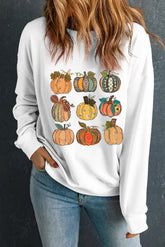 Pumpkin Graphic Long Sleeve Sweatshirt White OutfitFlow