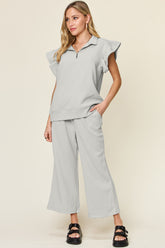 Double Take Texture Ruffle Short Sleeve Top and Drawstring Wide Leg Pants Set Light Gray OutfitFlow