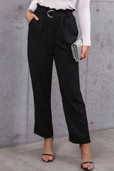 Belted Paperbag Waist Pants Black OutfitFlow