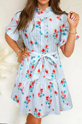 Stripe Floral Pattern Ruffle Short Sleeve Belted Mini Dress Light Blue OutfitFlow