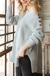 Side Slit Boat Neck Long Sleeve Sweater Gray OutfitFlow