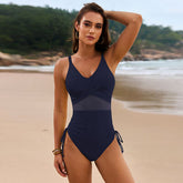 Drawstring Ruched V-Neck One-Piece Swimwear Dark Navy OutfitFlow