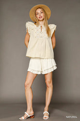 Umgee Eyelet Embroidered Ruffle Sleeve Blouse NATURAL OutfitFlow