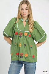 Umgee Embroidered Floral Puff Sleeve Top SAGE Trendsi