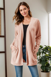 Cable-Knit Open Front Long Sleeve Cardigan Apricot OutfitFlow