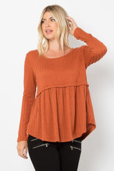Be Stage Full Size Texture Babydoll Round Neck Long Sleeve Knit Top Rust OutfitFlow