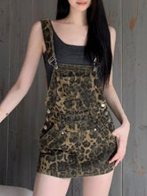Leopard Print Denim Overall Dress Army Green OutfitFlow