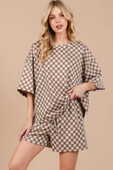 Ces Femme Checkered Round Neck Top and Shorts Set Camel OutfitFlow