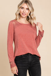 Super Lady Full Size Lace Detail Round Neck T-Shirt Rust OutfitFlow