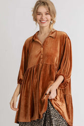 Umgee Full Size Button Down Tiered Back High Low Shirt Terracotta OutfitFlow