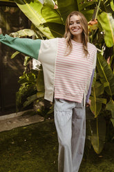 BiBi Exposed Seam Slit Striped Round Neck T-Shirt PINK OutfitFlow