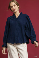 Umgee Corduroy Ruffle Shirt with Long Puff Sleeves Navy OutfitFlow