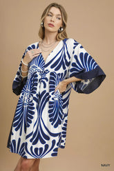 Umgee Abstract Print Kimono Sleeve Mini Dress Navy OutfitFlow