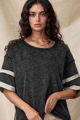 Contrast Round Neck Half Sleeve T-Shirt Black OutfitFlow