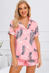 Printed Button Up Short Sleeve Top and Shorts Lounge Set Pink OutfitFlow