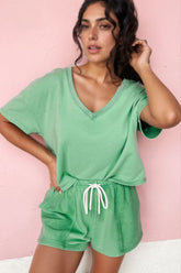 V-Neck Short Sleeve Loose Top and Drawstring Shorts Set Gum Leaf OutfitFlow