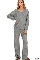 Zenana Soft Melange Long Sleeve Tee & Pants Set BLACK OutfitFlow