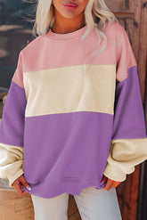 Contrast Round Neck Long Sleeve Sweatshirt Lavender OutfitFlow