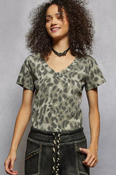 POL Printed V-Neck Short Sleeve T-Shirt GREY LEOPARD OutfitFlow