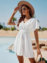 Smocked V-Neck Short Sleeve Dress White OutfitFlow