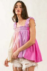 BiBi Frill Shoulder Strap Color Block Bodice Top BLUSH LAVENDER PINK OutfitFlow