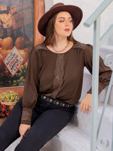 Plus Size Lace Detail Round Neck Long Sleeve Blouse Coffee Brown OutfitFlow