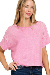 Zenana Washed Crew Neck Short Sleeve Crop Box Tee CANDY PINK OutfitFlow