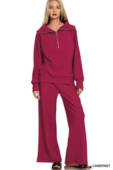 Zenana Ribbed High Neck Half Zip Pullover & Pants Set CABERNET OutfitFlow