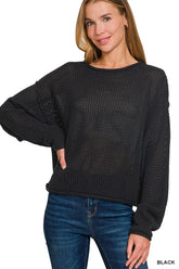 Zenana Textured Drop Shoulder Knit Top BLACK OutfitFlow