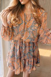 Ruffle Hem Printed Long Sleeve Dress Tangerine OutfitFlow
