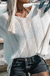 Openwork V-Neck Long Sleeve Knit Top White OutfitFlow
