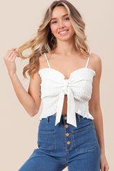 BiBi Ruffled Smocked Ribbon Detail Cami Off White OutfitFlow