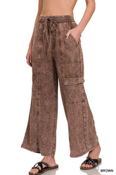 Zenana Washed Linen Elastic Band Waist Cargo Pants BROWN OutfitFlow