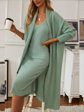 V-Neck Cami Dress and Open Front Cardigan Sweater Set Gum Leaf One Size OutfitFlow