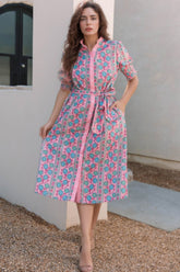 Printed Shirred Sleeve Buttoned Front Midi Dress with Sash Moonlit Mauve OutfitFlow