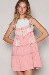 POL Lace Patchwork Detail Denim Overall Dress Pink OutfitFlow