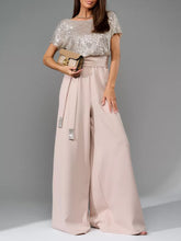 Full Size Sequin Round Neck Short Sleeve Wide Leg Jumpsuit Eggshell OutfitFlow