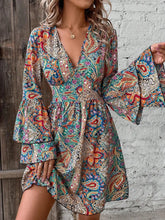 Printed V-Neck Flounce Sleeve Dress Turquoise OutfitFlow