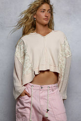 POL Mix Thermal Floral Pattern Quilted Knit Cropped Top with Raw Edge Detail BLUSH OutfitFlow