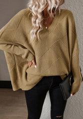 V-Neck Batwing Sleeve Sweater Camel OutfitFlow