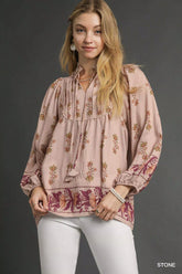 Umgee Floral Boho Peasant Blouse STONE OutfitFlow