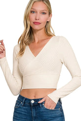 Zenana Ribbed Surplus Waist Band Long Sleeve Top SAND BEIGE OutfitFlow