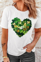 Clover Heart Round Neck Short Sleeve T-Shirt White OutfitFlow