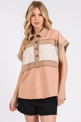 Mittoshop Mineral Washed Half Button Polo Top Apricot OutfitFlow