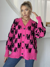 Pearl Trim V-Neck Button Up Cardigan Hot Pink One Size OutfitFlow
