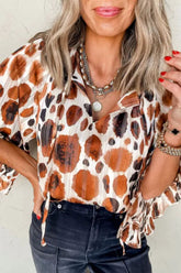 Printed Tie Neck Three-Quarter Sleeve Blouse Tangerine OutfitFlow