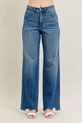 Judy Blue Full Size High Waist Tummy Control Chew Hem Destroy Wide Jeans Plus Size MD OutfitFlow