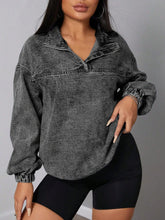 Elastic Hem Quarter Zip Denim Top Dark Gray OutfitFlow
